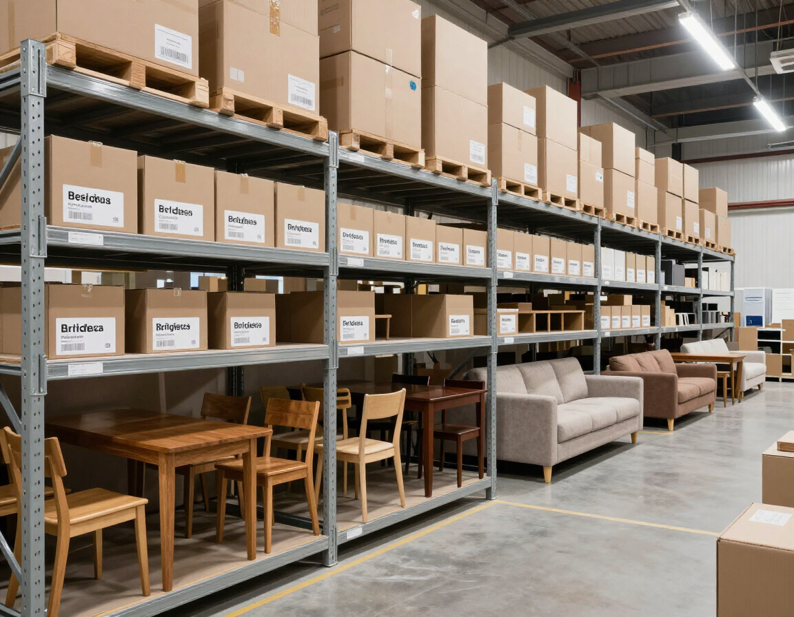 Pasillo de almacén con cajas de muebles apiladas, estantes y sofás y sillas expuestos.