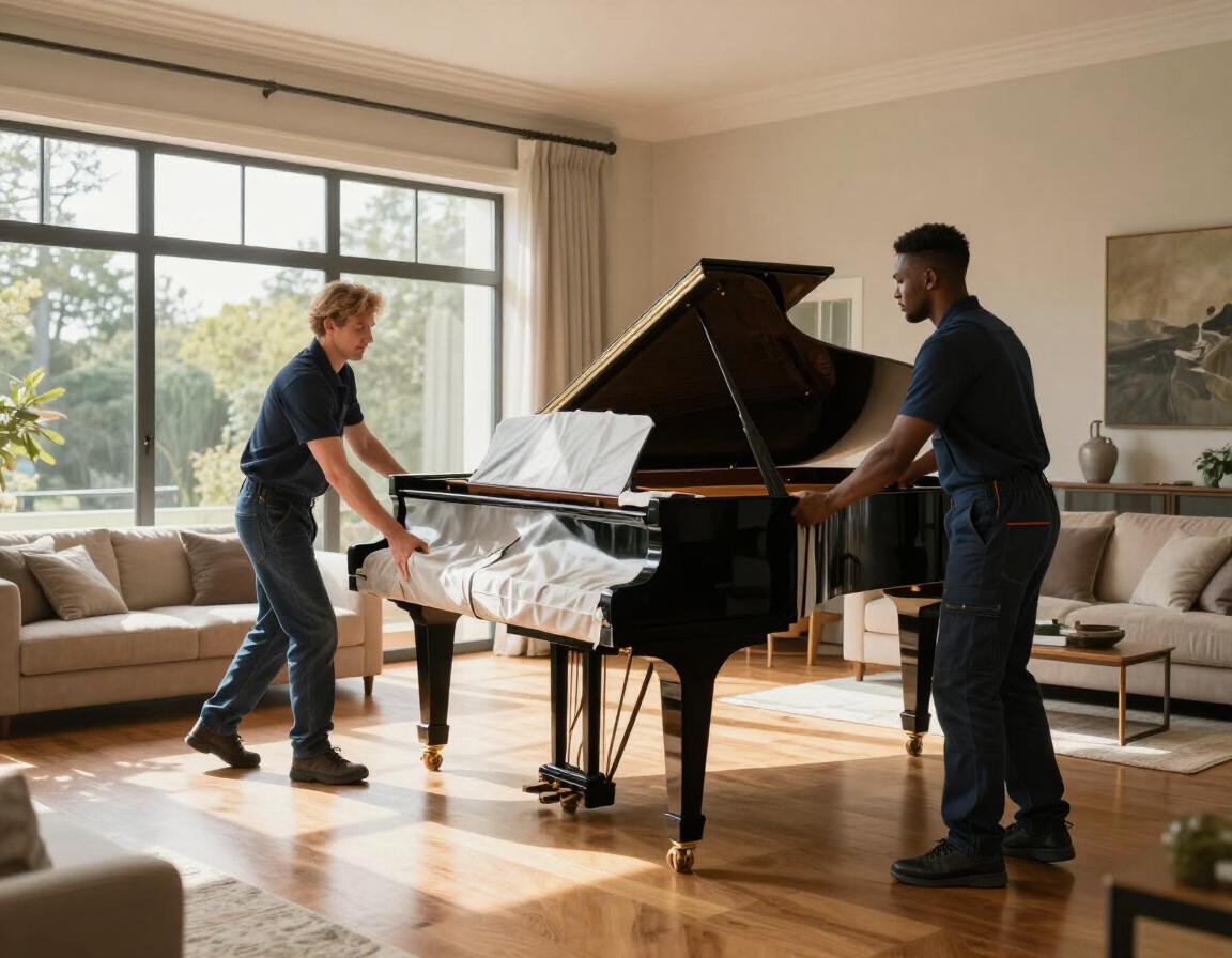 Dos personas moviendo un piano de cola en una sala de estar luminosa.