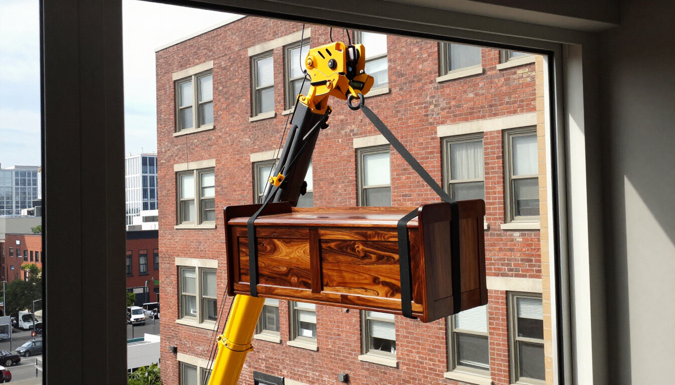 Una grúa amarilla levanta un gran objeto de madera frente a la ventana de un edificio de ladrillos.