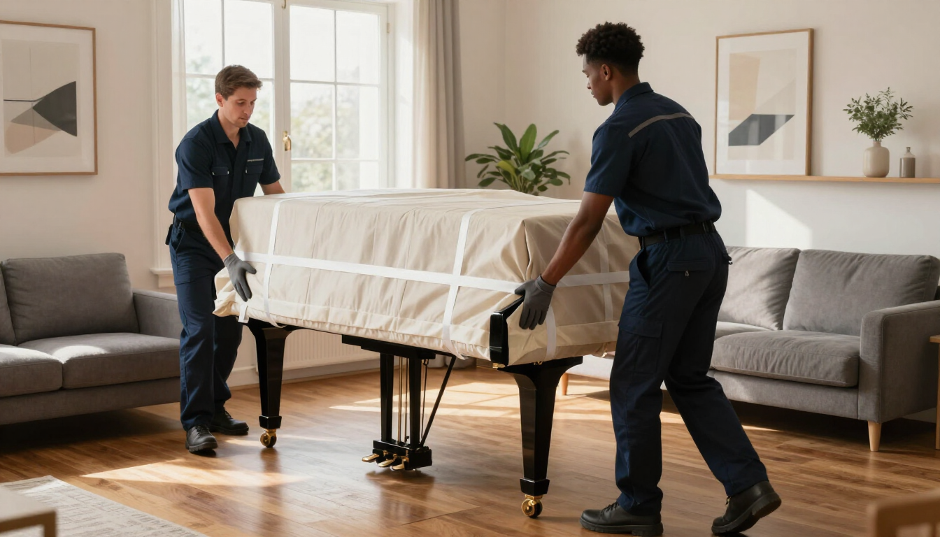 Dos operarios transportan un piano envuelto a través de una luminosa sala de estar con sofás y suelos de madera.