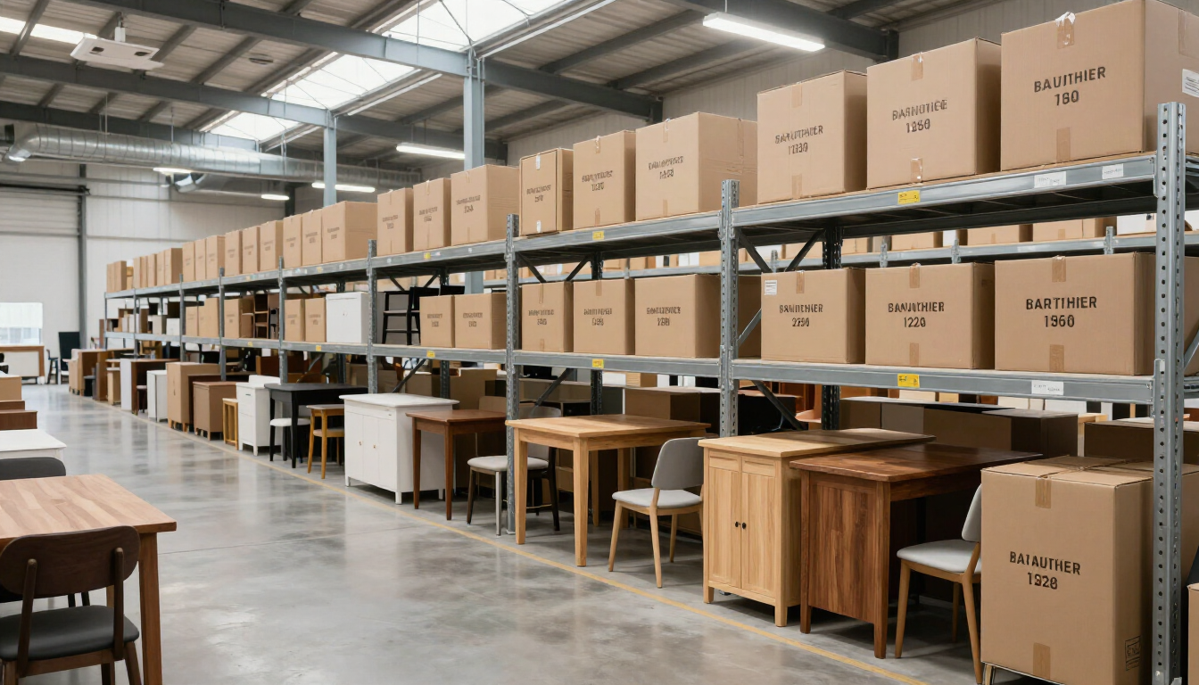 Sala de exposición tipo almacén con filas de muebles embalados, estanterías y mesas en un amplio espacio industrial.