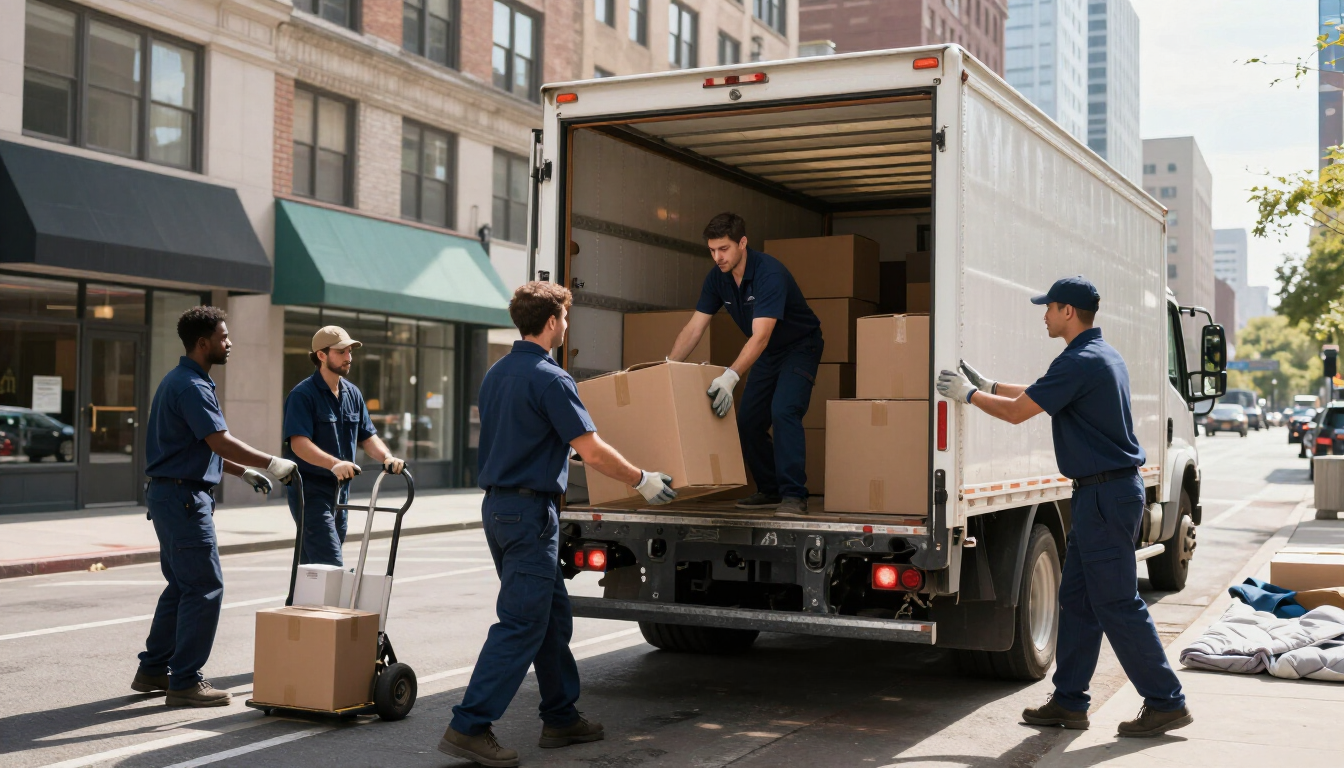 Trabajadores cargando cajas en un camión de reparto en una calle de la ciudad.