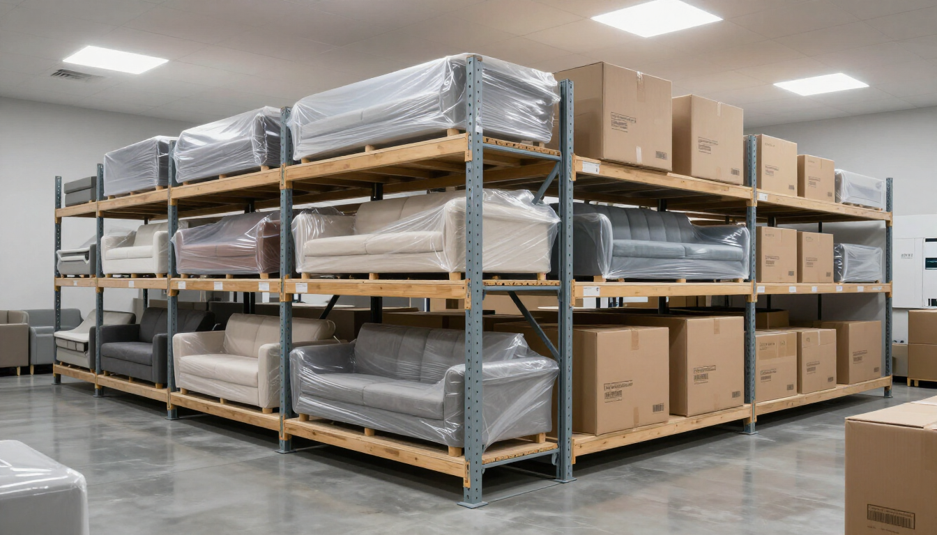 Trastero industrial con estanterías metálicas repletas de artículos envueltos