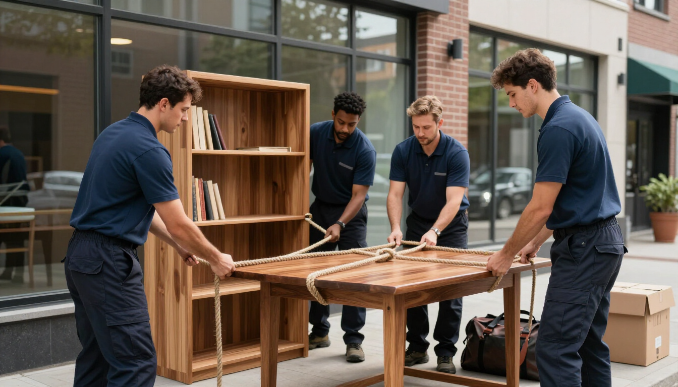 Cuatro trabajadores ensamblan una mesa de madera en un taller, con estanterías y cajas al fondo.