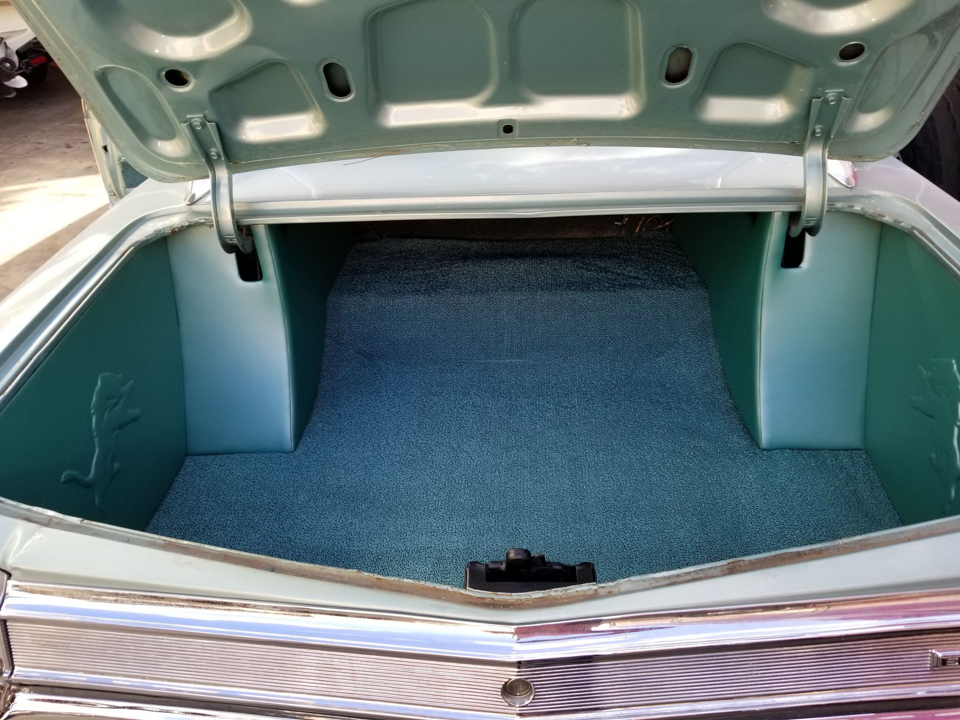 Open car trunk with blue carpeted interior and green lid, empty inside.