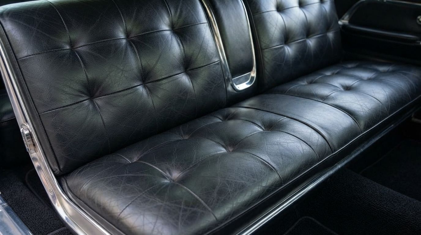 Black tufted leather couch seat with a chrome handle in a dark interior