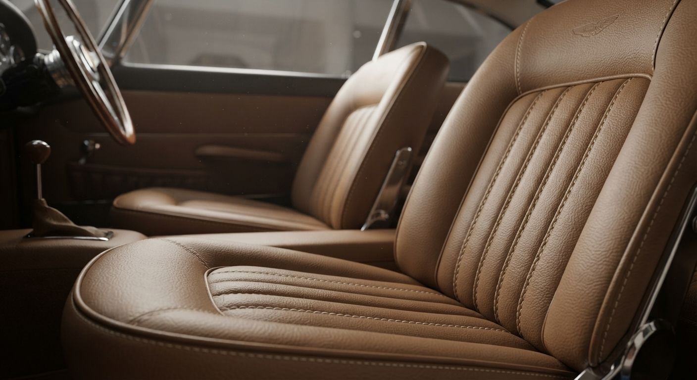 Brown leather car seats with stitched cushions in a classic interior