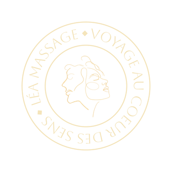 Logo: LÉA MASSAGE VOYAGE AU COEUR DES SENS, two stylized faces inside a gold circle.