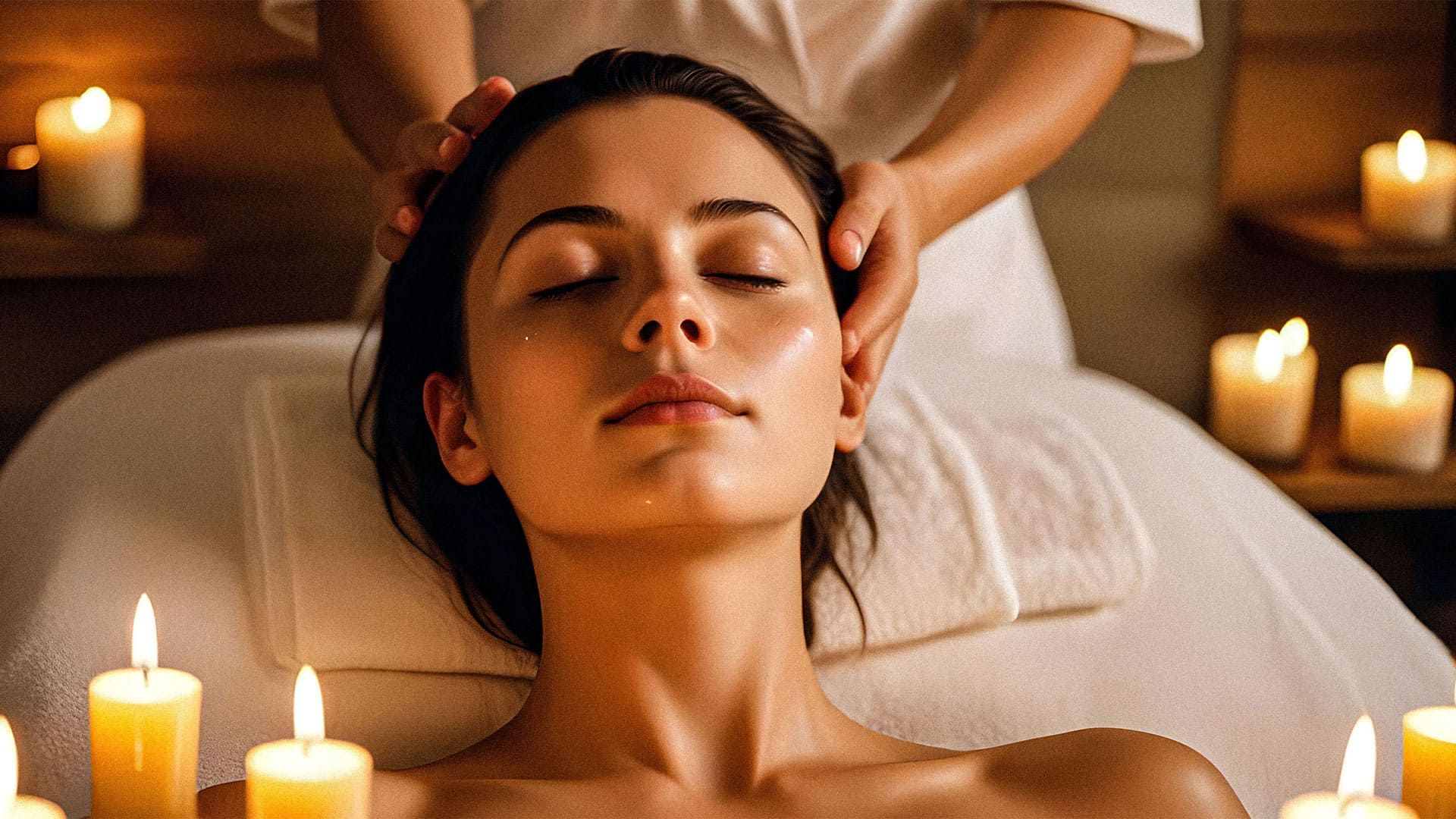 Femme recevant un massage du visage dans un spa éclairé aux chandelles.