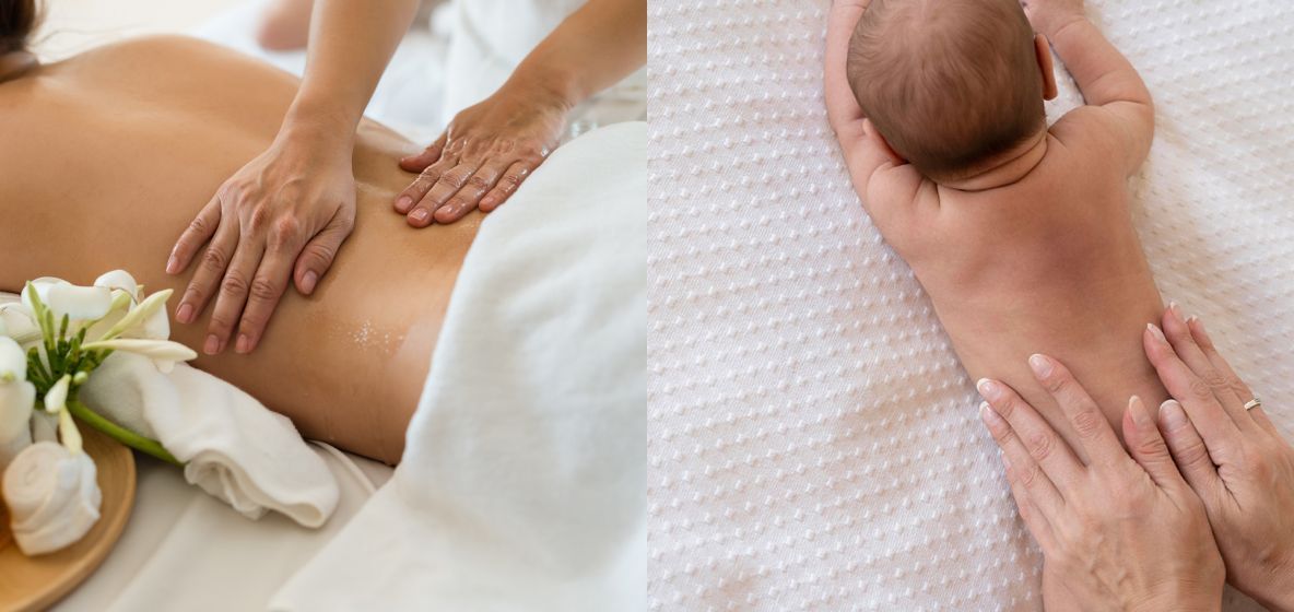 Deux personnes reçoivent des massages, l'une sur une table de massage et l'autre est un bébé sur une couverture.