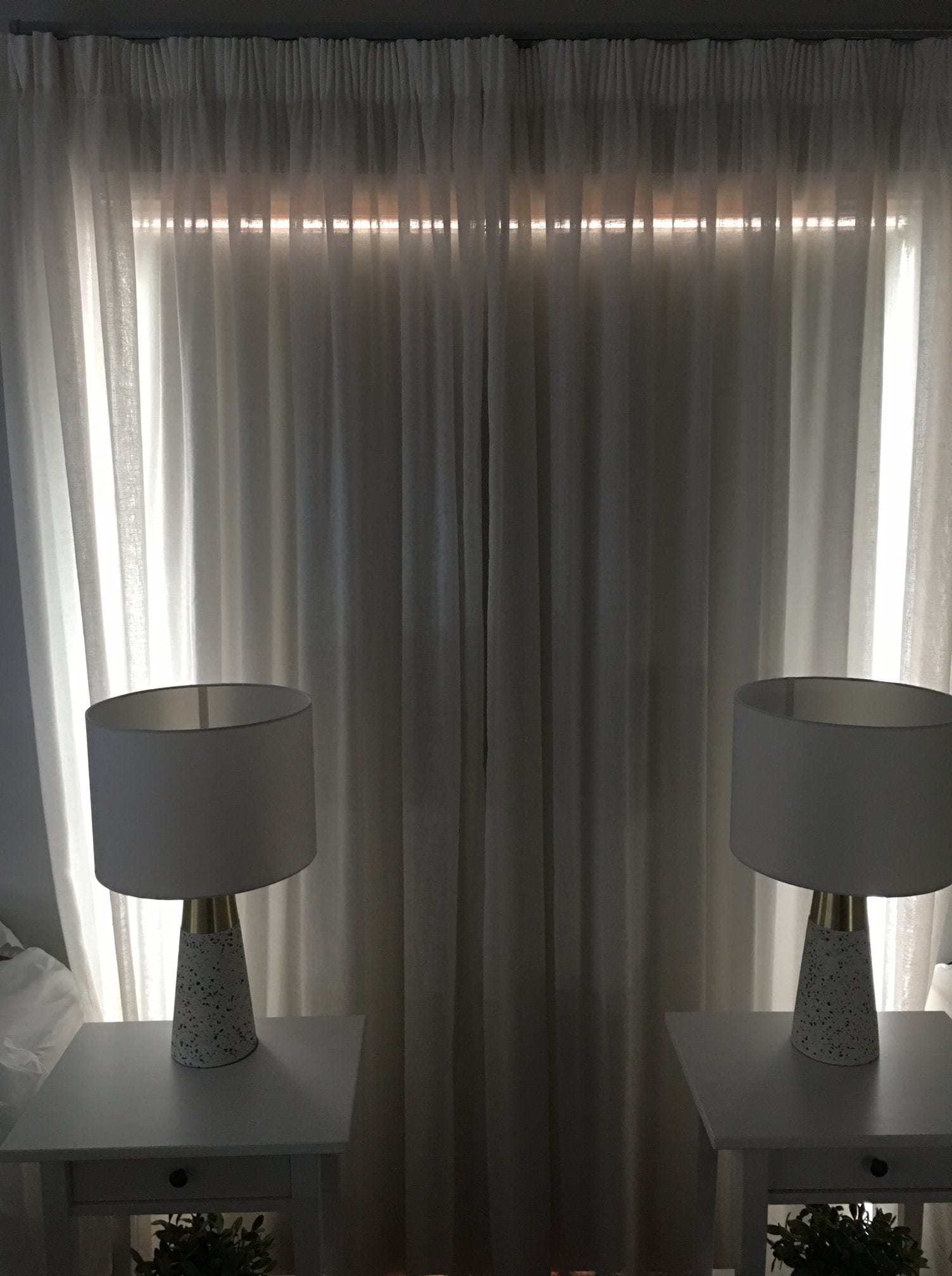White Pencil Pleated Curtains & Two Lampshades — Studio Curtains & Blinds in Mount Gravatt, QLD