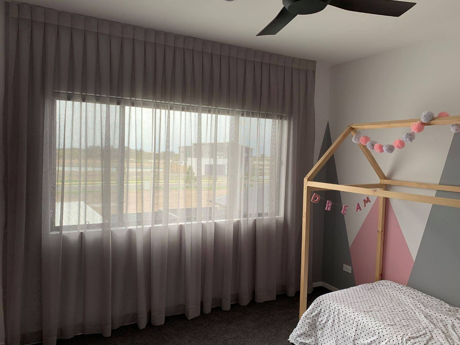 Kids Bedroom With Inverted Pleat Curtains — Studio Curtains & Blinds in Mount Gravatt, QLD