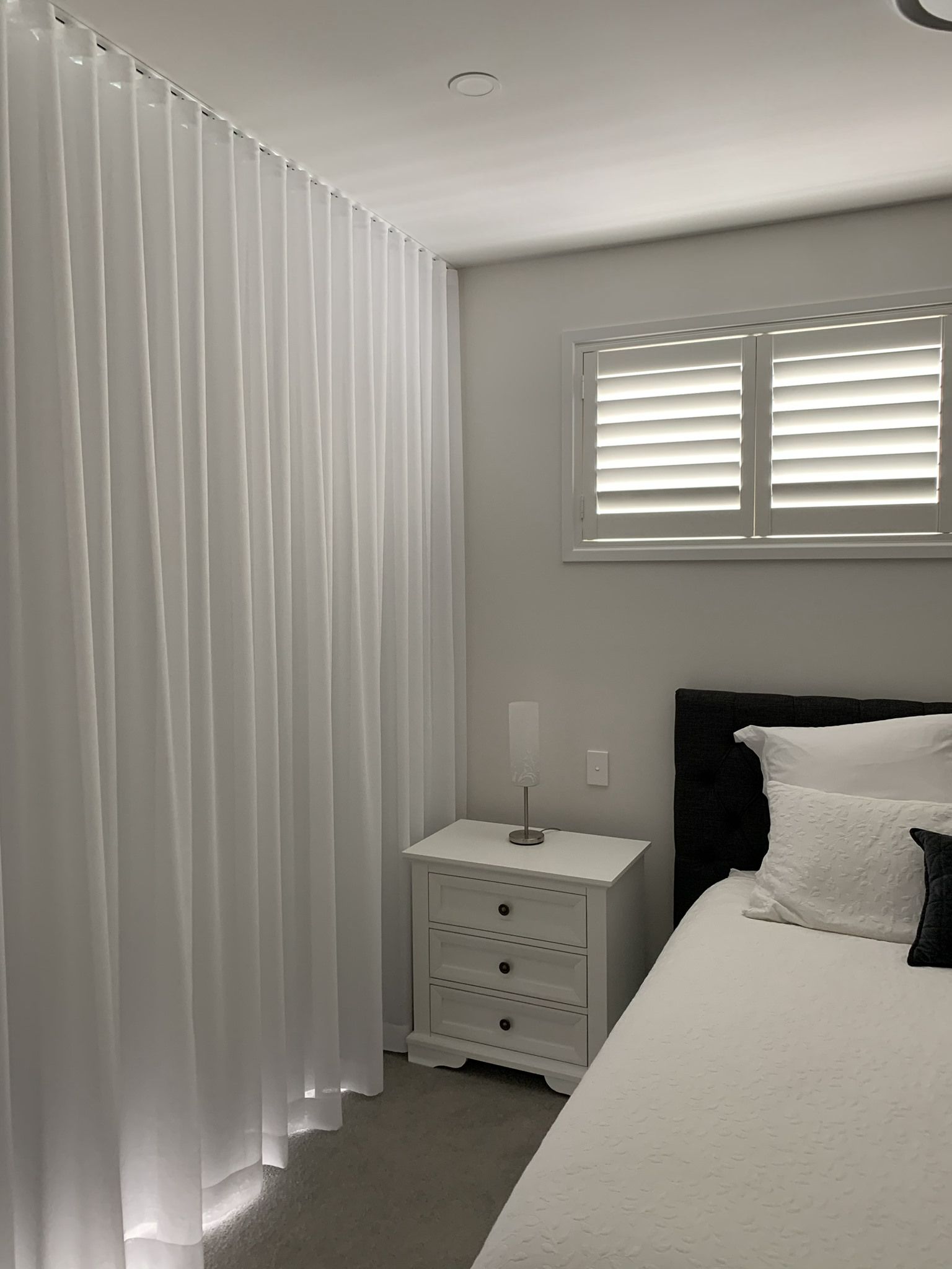 White Bedroom With White Curtains — Studio Curtains & Blinds in Mount Gravatt, QLD