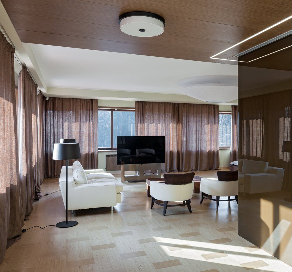 Modern Theatre Interior With Big Windows & Curtains — Studio Curtains & Blinds in Mount Gravatt, QLD