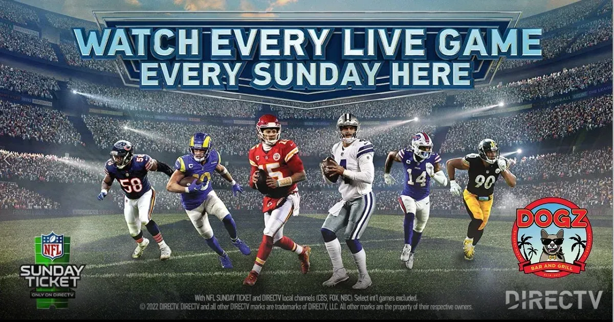 Football players on a field with “Watch every live game every Sunday here” DIRECTV promo and logos