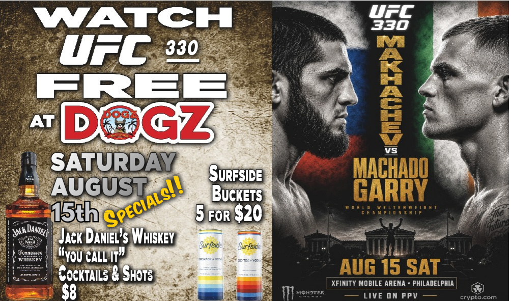 UFC 320 promo poster: two fighters face off, with “Watch UFC free at DCG” and event details for Aug. 15.