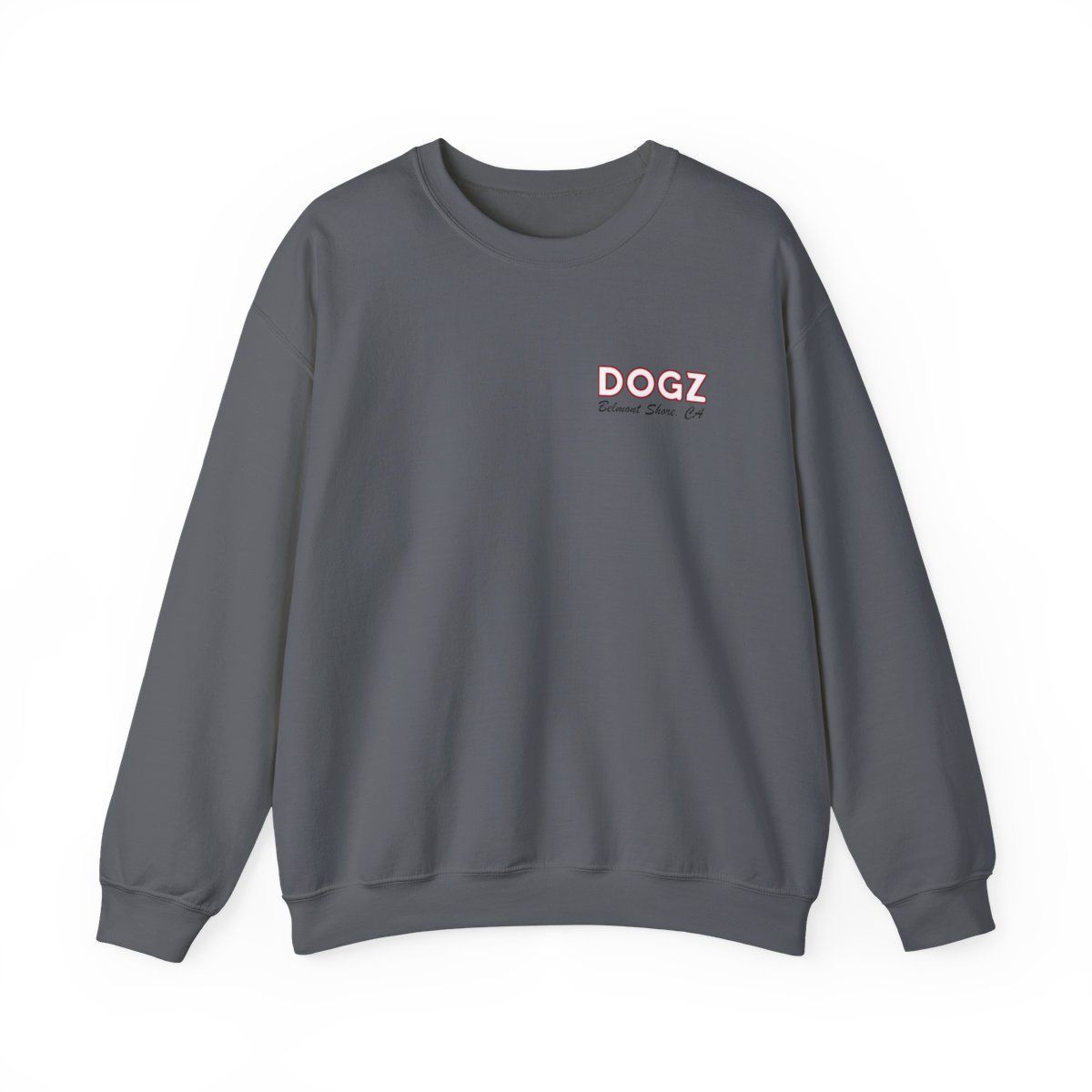 Dark gray crewneck sweatshirt with small red and white 