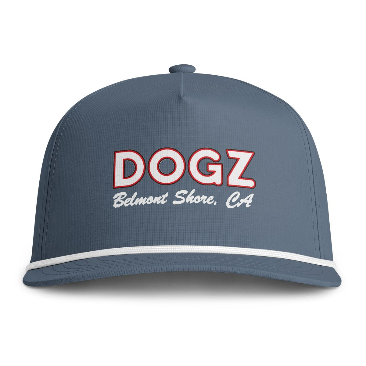 Blue baseball cap with white and red “DOGZ” text and “Belmont Shore, CA” embroidered on the front