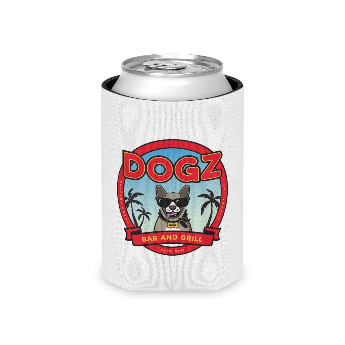 Can cooler with DOGZ Bar and Grill logo and a dog illustration on white background