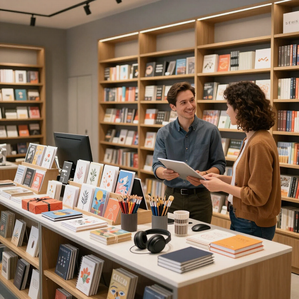 Dos personas conversan en una librería, junto a una mesa de exposición con libros y auriculares.