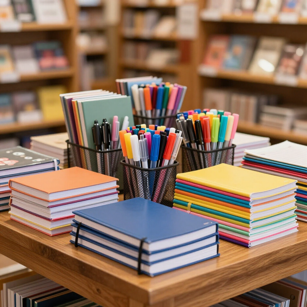 Cuadernos y bolígrafos apilados ordenadamente sobre una mesa de madera en una librería o biblioteca
