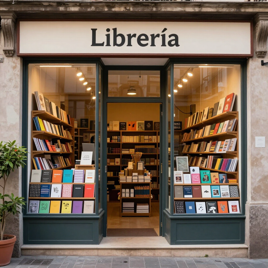 Acogedora librería con la puerta abierta, libros expuestos en el escaparate y un letrero que dice «Librería».