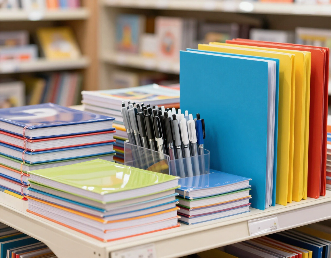 Cuadernos, carpetas y bolígrafos de colores, ordenados en un estante de una tienda