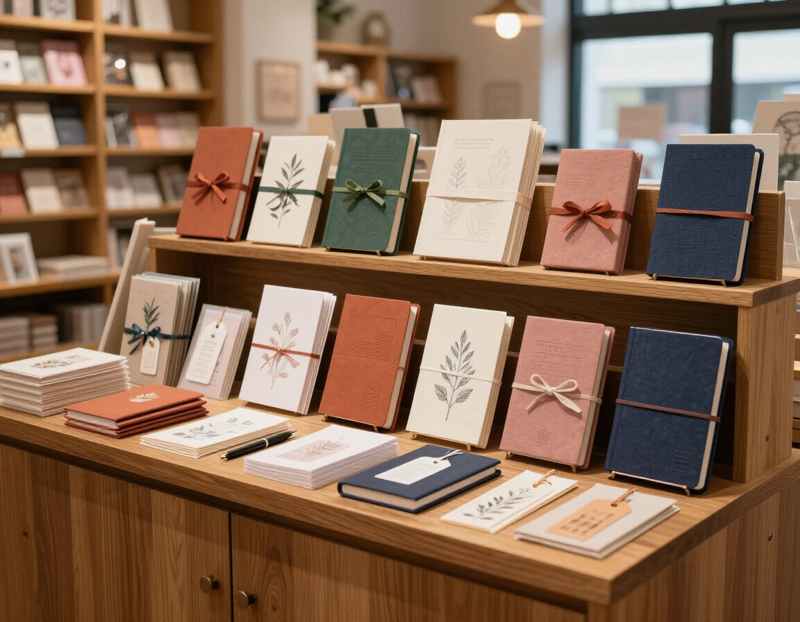 Estantes de madera con cuadernos y tarjetas de colores envueltos, en una tienda