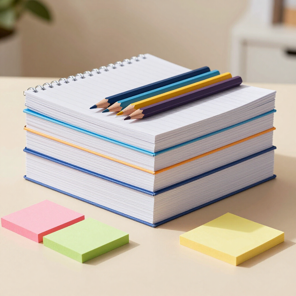 Pila de cuadernos blancos de espiral con lápices de colores encima y notas adhesivas pastel cerca.
