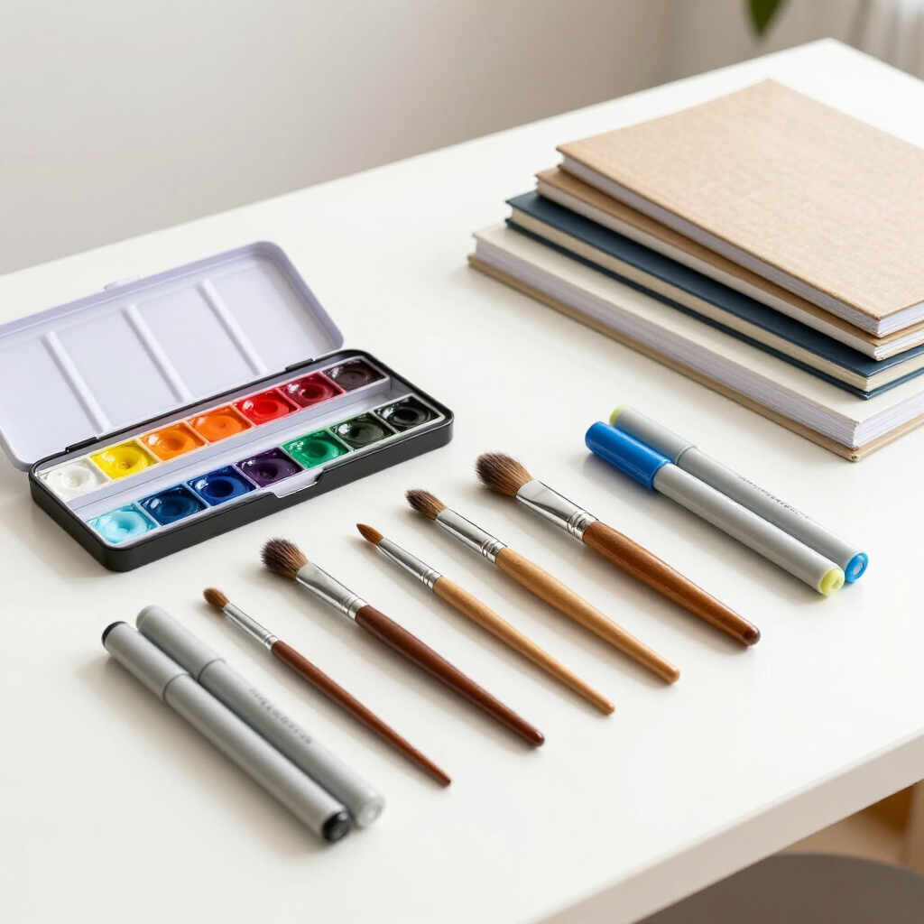 Set de acuarelas, pinceles, bolígrafos y blocs de dibujo apilados sobre un escritorio blanco