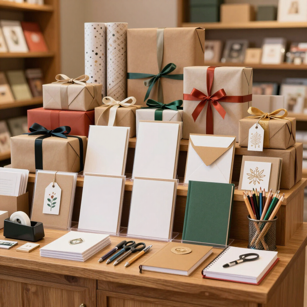 Expositor de envoltorios para regalos con cajas envueltas, tarjetas en blanco.
