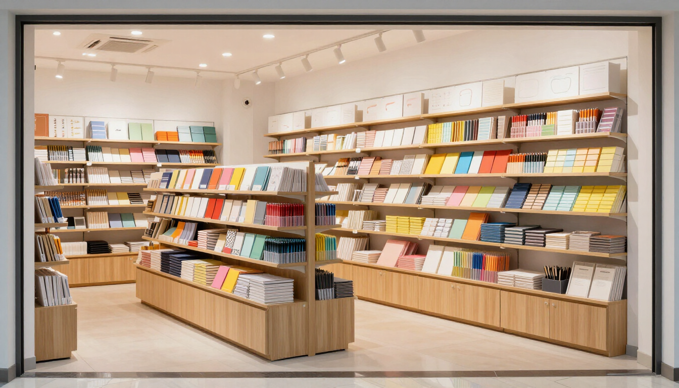 Interior de una librería con estanterías de madera repletas de libros y revistas, en un espacio luminoso y moderno