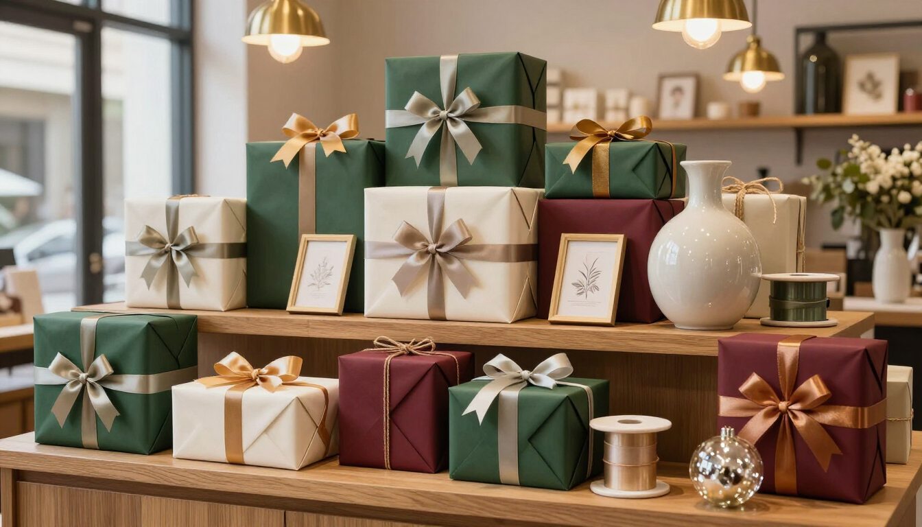 Varios regalos envueltos con cintas, colocados en estantes de madera en un ambiente interior cálido y festivo