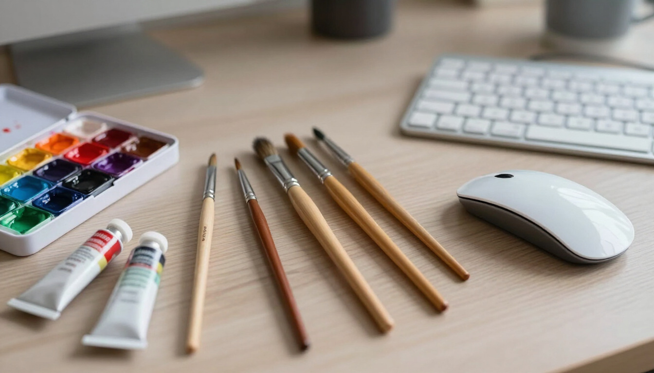 Pinceles, acuarelas y un ratón sobre un escritorio de madera, junto a un teclado.