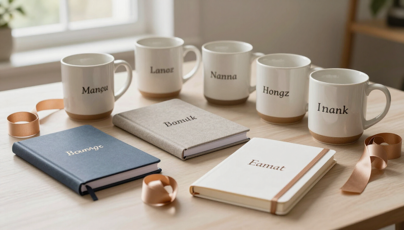 Tazas y cuadernos de marca sobre un escritorio de madera clara junto a una ventana luminosa