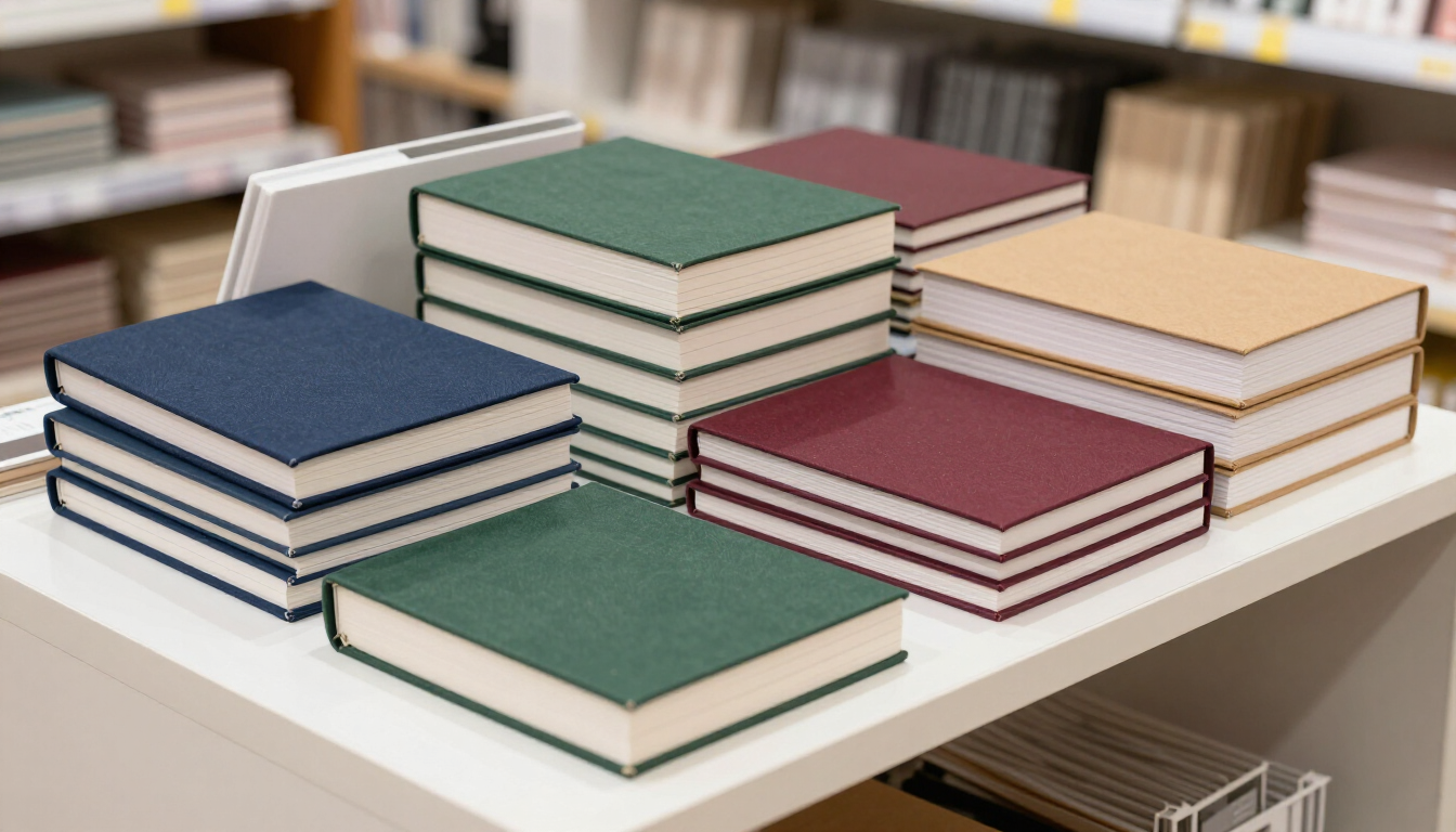 Montones de libros de tapa dura de colores sobre una mesa blanca de biblioteca.
