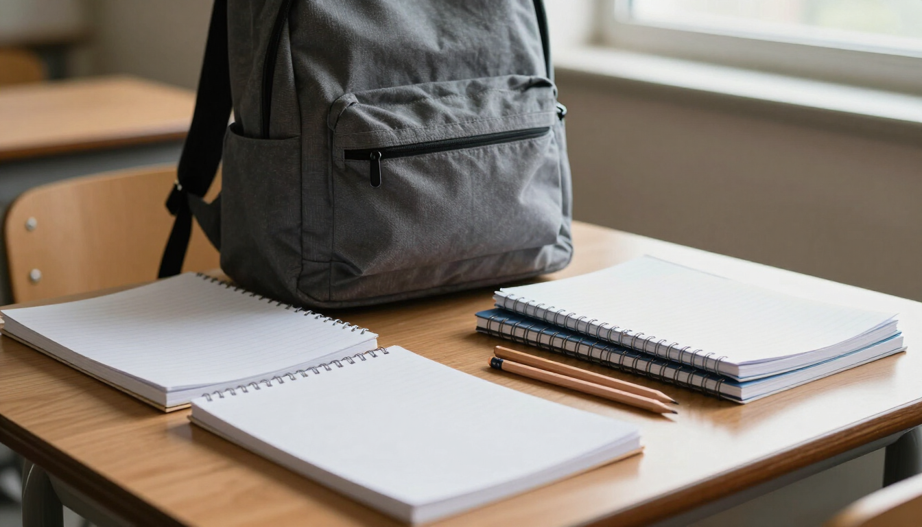 Mochila gris sobre un escritorio de madera, con cuadernos de espiral abiertos y otros apilados, en un aula