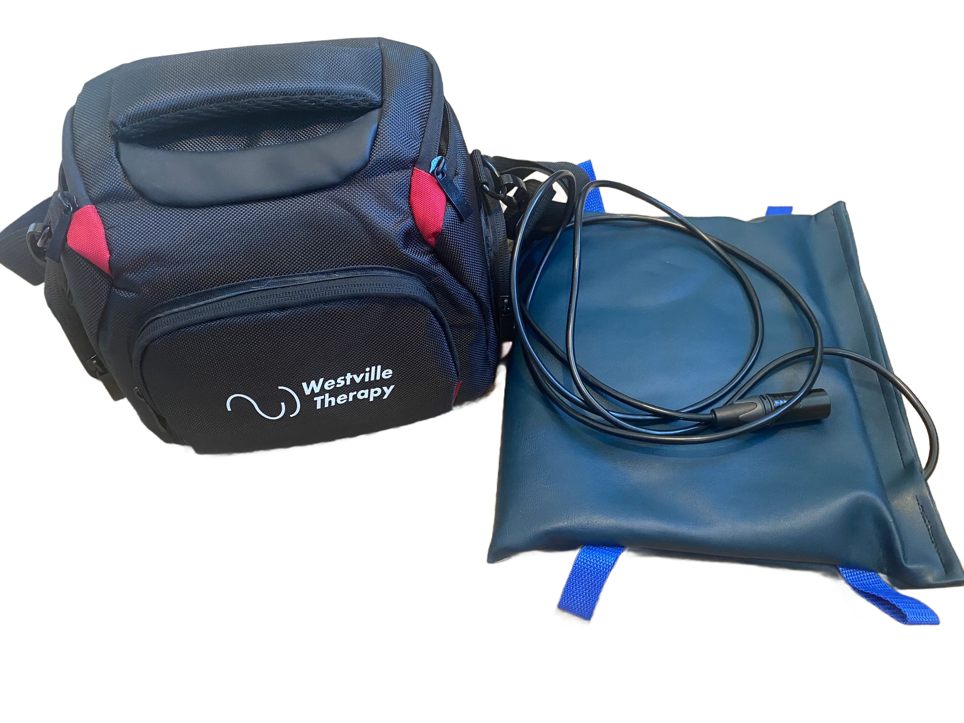 Black bag and blue pad connected by a cord; labeled