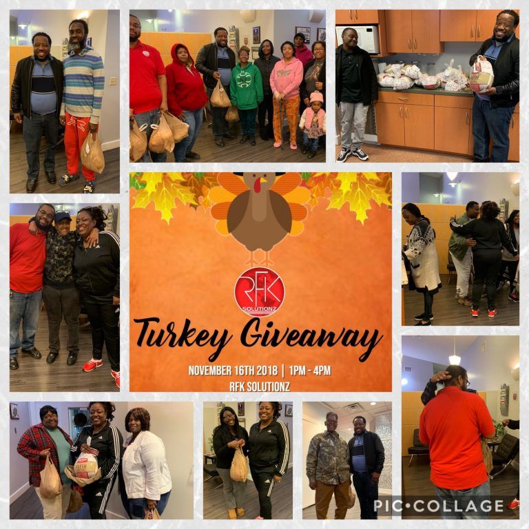 A collage of people standing in front of a sign that says turkey giveaway