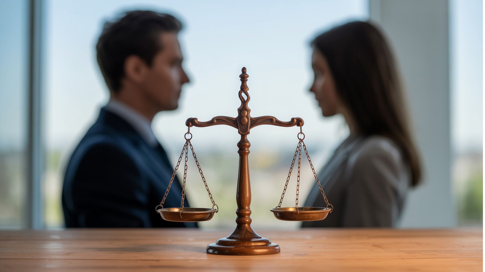 Scales of justice in focus, with blurred figures facing each other. Law office setting, wooden table.