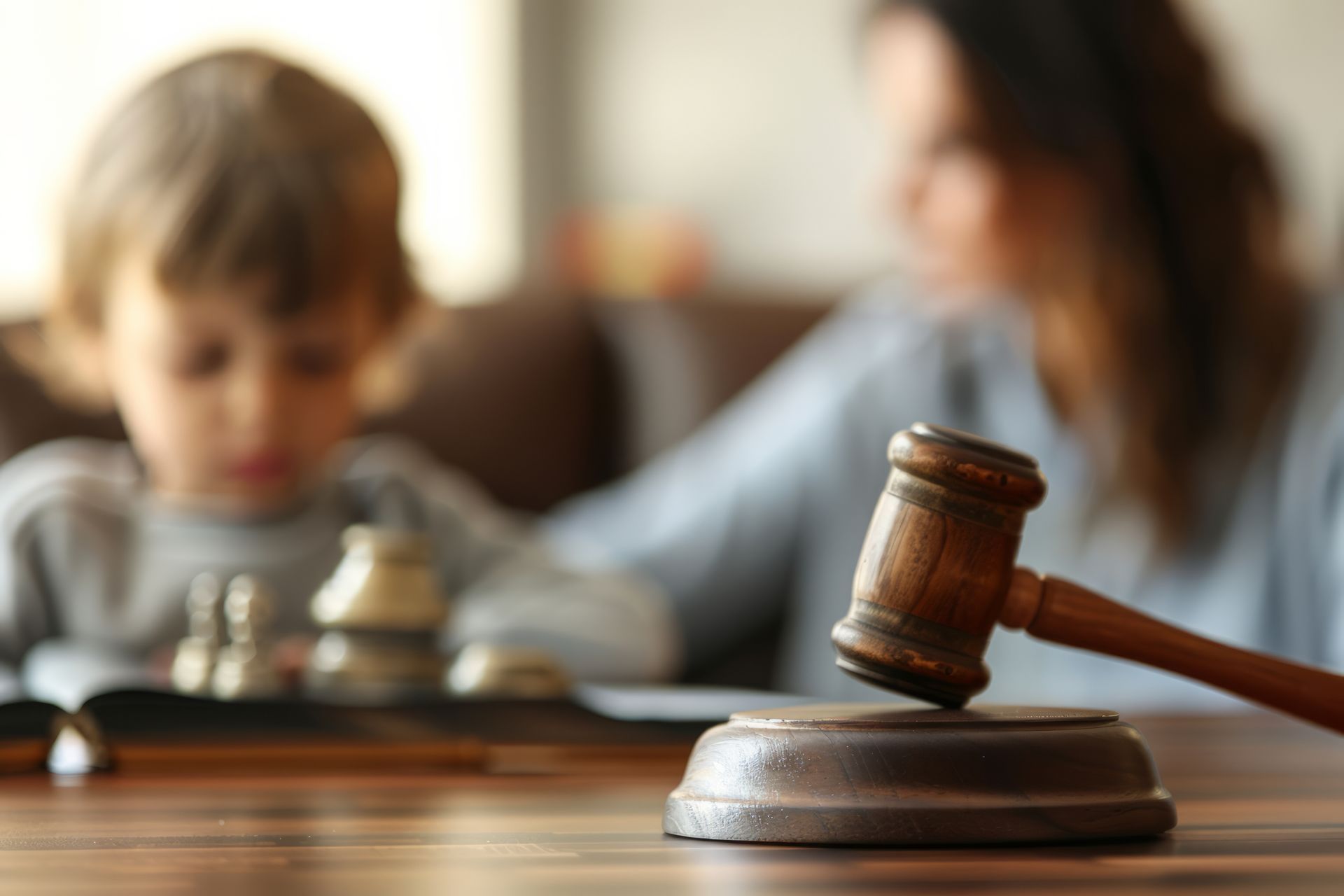 Gavel on table; blurred view of a person and child, possibly playing chess.