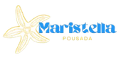 Logotipo da Pousada Maristella com uma concha amarela e texto azul sobre fundo branco.