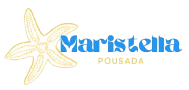 Logotipo da Pousada Maristella com uma concha amarela e texto azul sobre fundo branco.