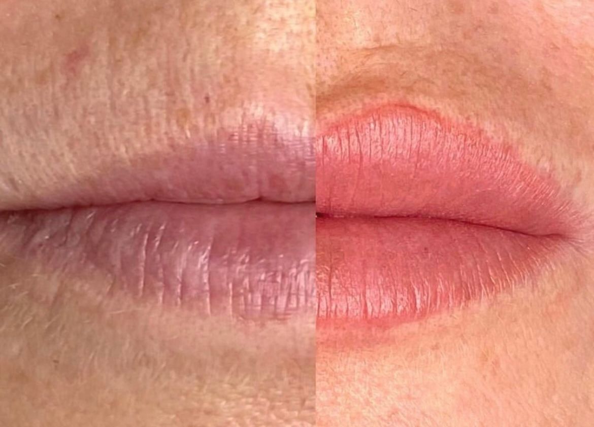 Comparison of before and after of lip makeup showing improved texture and color.