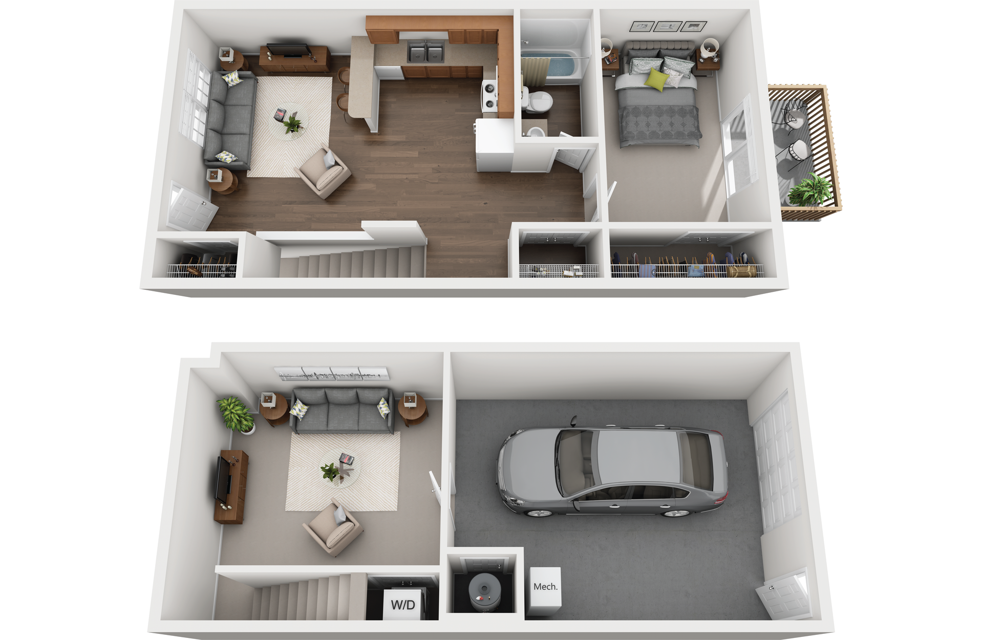 1 Bed Floor Plan with Carpet and Wood Flooring