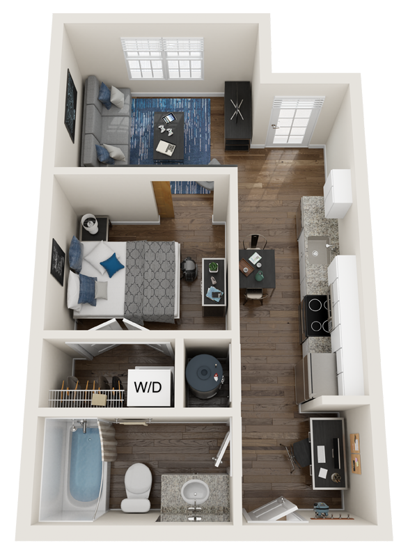 2 Bed 2 Bath Floor Plan with Carpet and Wood Flooring