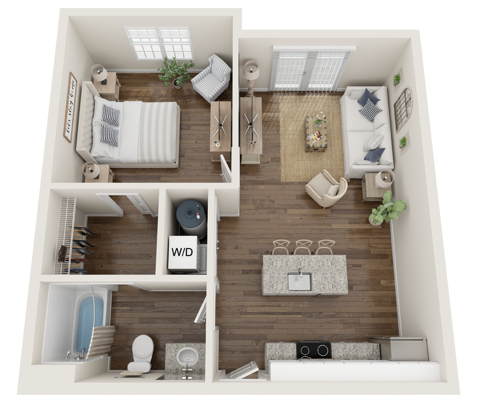 2 Bed 2 Bath Floor Plan with Carpet and Wood Flooring
