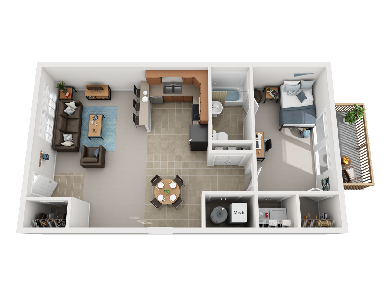 1 Bed Floor Plan with Carpet and Wood Flooring