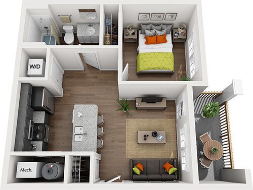 2 Bed 2 Bath Floor Plan with Carpet and Wood Flooring