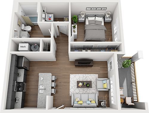 2 Bed 2 Bath Floor Plan with Carpet and Wood Flooring